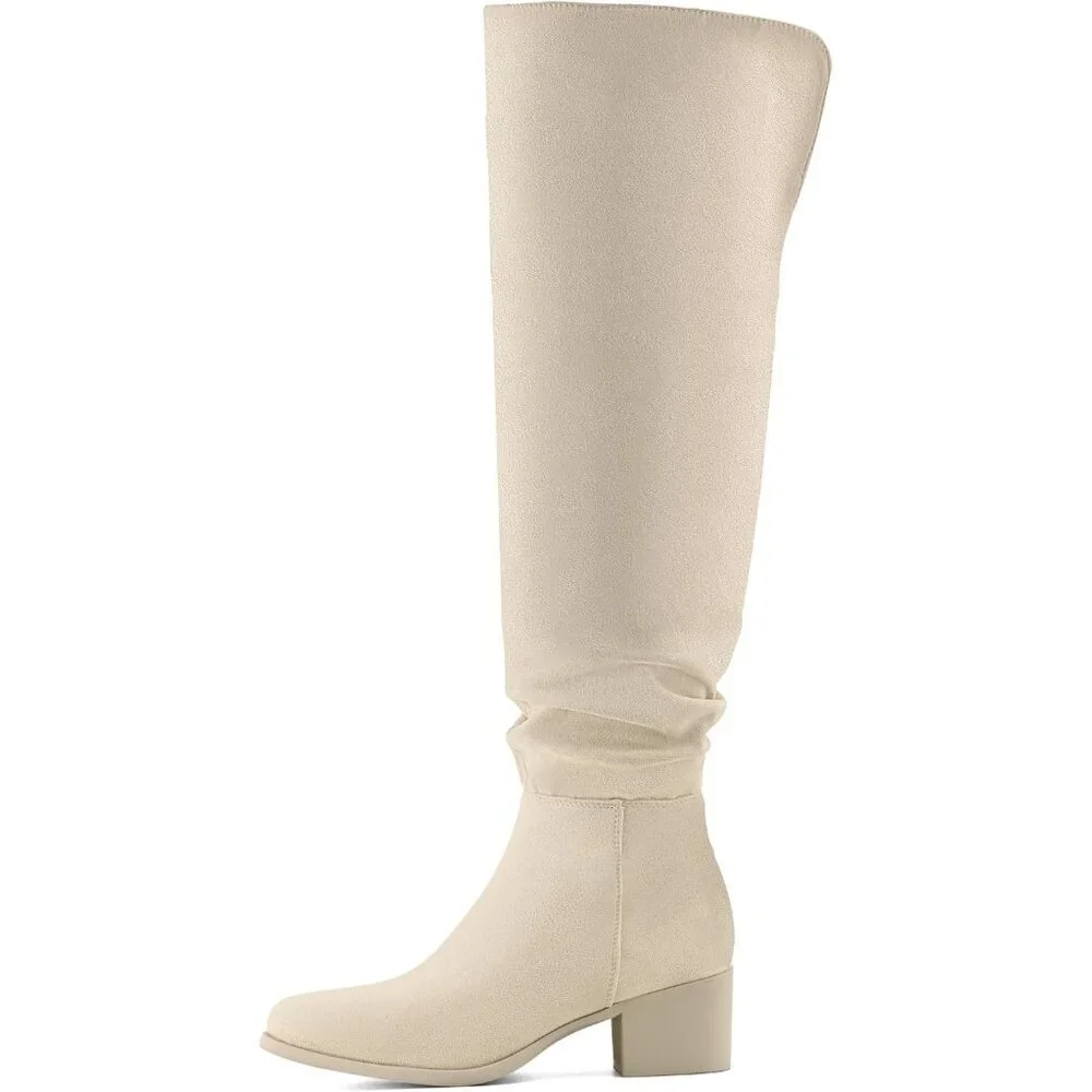 Women's Beige Suede Over The Knee Thigh High Chunky Block Heel Pointed Toe Boots